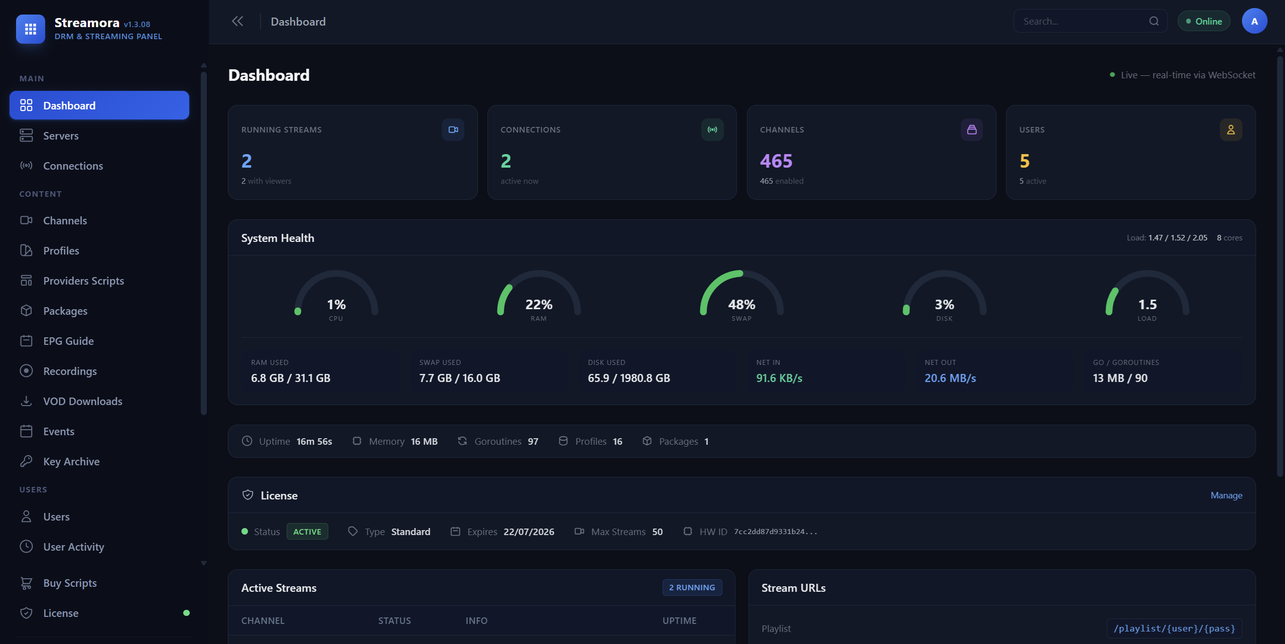 Streamora DRM Streaming Panel Dashboard — Real-time stream monitoring, system health, license management